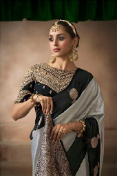Grey Embroidered Silk Designer Saree | Luxury Wedding Saree UK