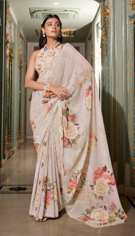 Ivory Floral Printed Saree with Pearl Border | Elegant Sarees UK