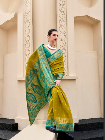 Olive Green Banarasi Silk Saree with Zari Border | Traditional Indian Ethnic Wear
