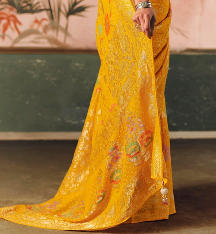 Yellow Floral Silk Saree for Women | Indian Saree UK