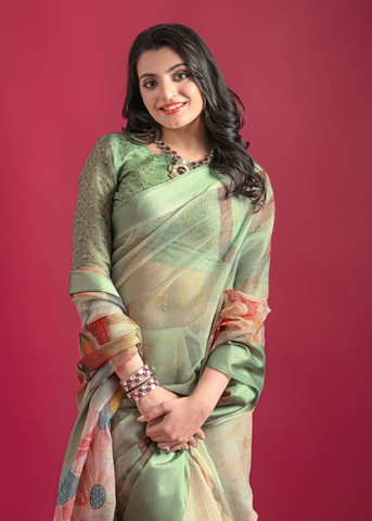 Pista Green Premium Printed Pure Linen Saree with Elegant Floral Design – Lightweight Party Wear Indian Saree UK