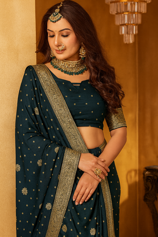 Royal Plum Zari Weaving Banarasi Silk Saree In Teal Blue| Indian Wedding & Party Wear
