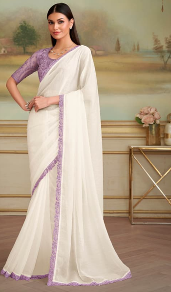 Elegant White Saree with Lavender Border | UK Ethnic Wear