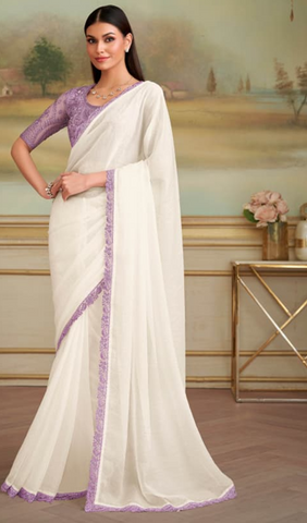 Elegant White Saree with Lavender Border | UK Ethnic Wear