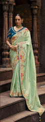 Pastel Green Embroidery Sequins Work Tradional Viscose Tissue Saree