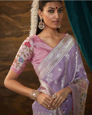 Lavender Embroidered Saree with Floral Border | Elegant Indian Ethnic Wear UK
