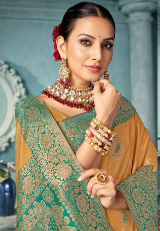 Soft Banarasi Silk Saree in  Mustard – Heavy Zari Weaving Border | Wedding & Party Wear Indian Saree UK