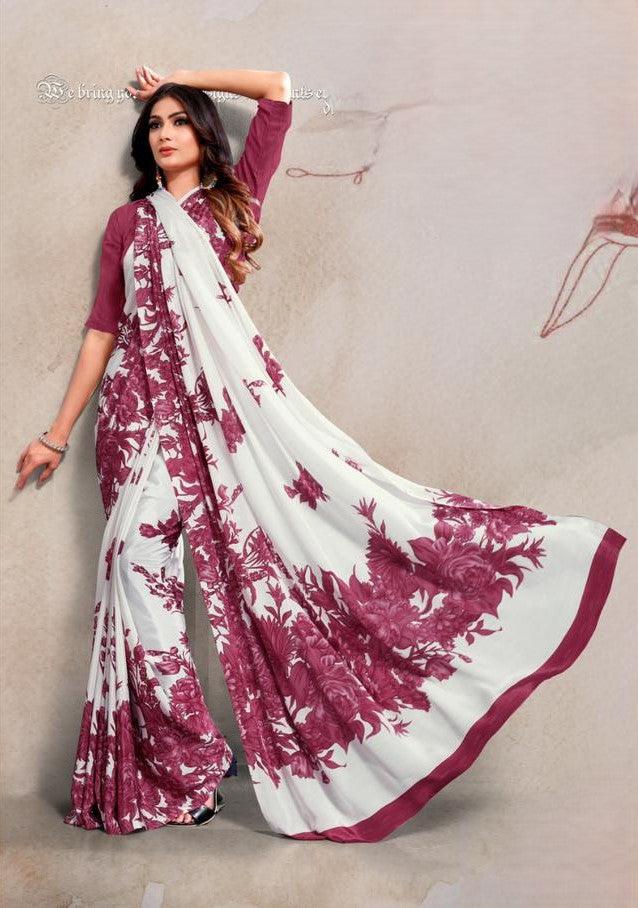 Pink and White Combination Digital Printed Crepe Saree