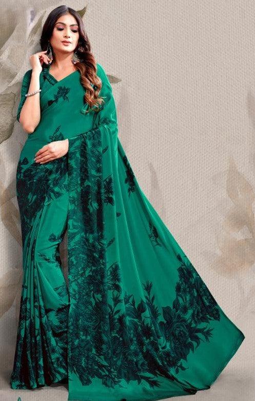 Green Digital Printed Crepe Saree