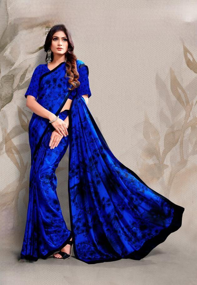 Blue Digital Printed Crepe Saree