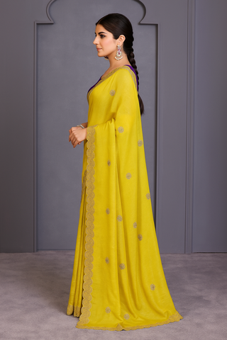 Yellow Embroidered Saree with Purple Blouse | Indian Party Wear Saree UK