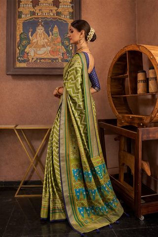 Olive Green Patola Saree with Traditional Weave | Luxury Indian Sarees UK