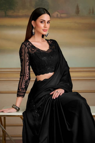 Black Saree with Lavender Border | UK Ethnic Wear