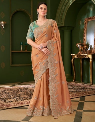Peach Embroidered Saree for Women | Party Wear Saree UK