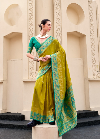 Olive Green Banarasi Silk Saree with Zari Border | Traditional Indian Ethnic Wear