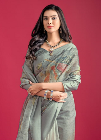 Grey Premium Printed Pure Linen Saree with Elegant Floral Design – Lightweight Party Wear Indian Saree UK