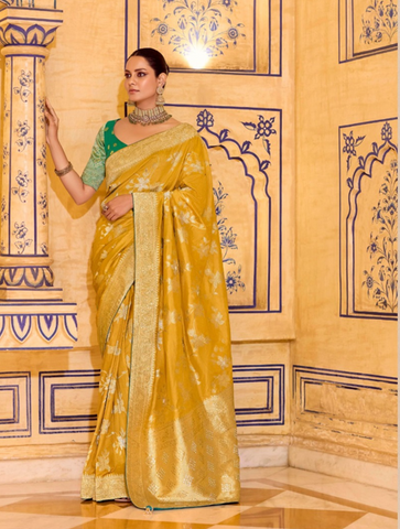 Mustard Luxury Handloom Silk Saree with Rich Zari Work | Traditional Indian Saree UK