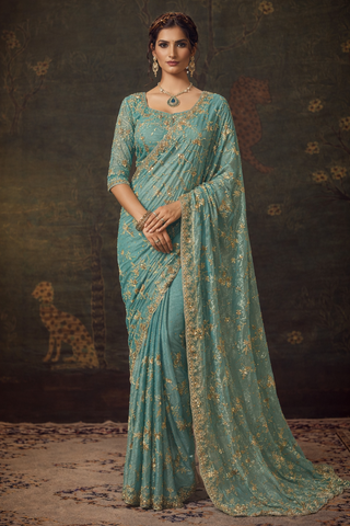 Firozi Luxury Embroidered Saree | Designer Indian Wedding Saree UK