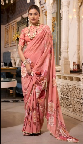 Peach Floral Printed Saree with Pearl Border | Elegant Sarees UK