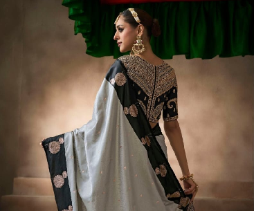 Grey Embroidered Silk Designer Saree | Luxury Wedding Saree UK