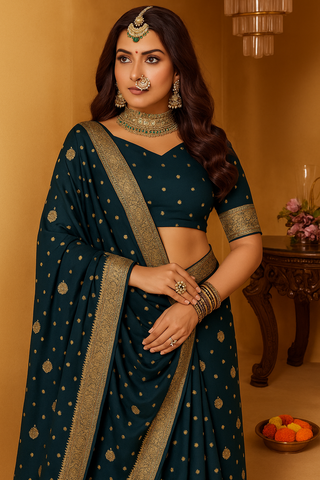 Royal Plum Zari Weaving Banarasi Silk Saree In Teal Blue| Indian Wedding & Party Wear
