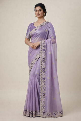 Lavender Embroidered Saree with Floral Lace Border | UK Online