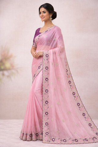 Pink Embroidered Saree with Floral Lace Border | UK Online