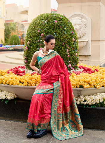 Red Banarasi Silk Saree with Zari Border | Traditional Indian Ethnic Wear