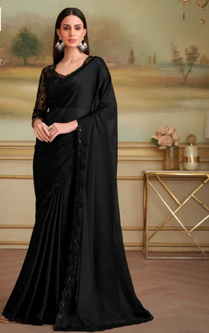 Black Saree with Lavender Border | UK Ethnic Wear