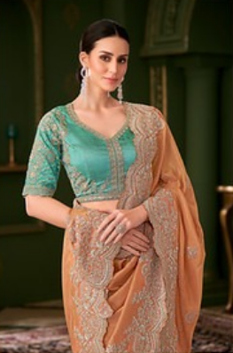 Peach Embroidered Saree for Women | Party Wear Saree UK
