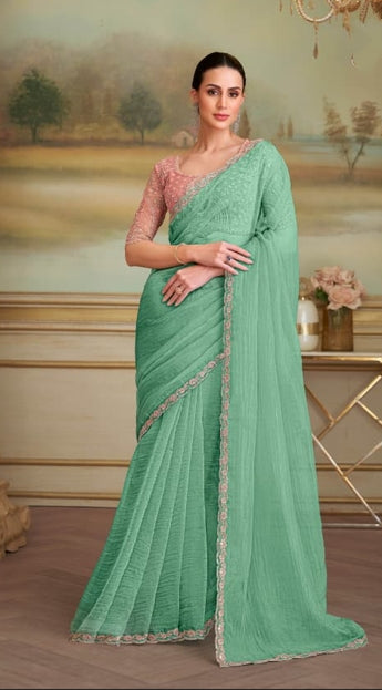 Sea Green Saree with Lavender Border | UK Ethnic Wear
