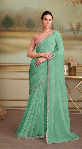 Sea Green Saree with Lavender Border | UK Ethnic Wear