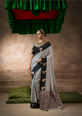 Grey Embroidered Silk Designer Saree | Luxury Wedding Saree UK