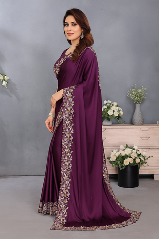 Embroidered Designer Purple Saree with Blouse Piece UK