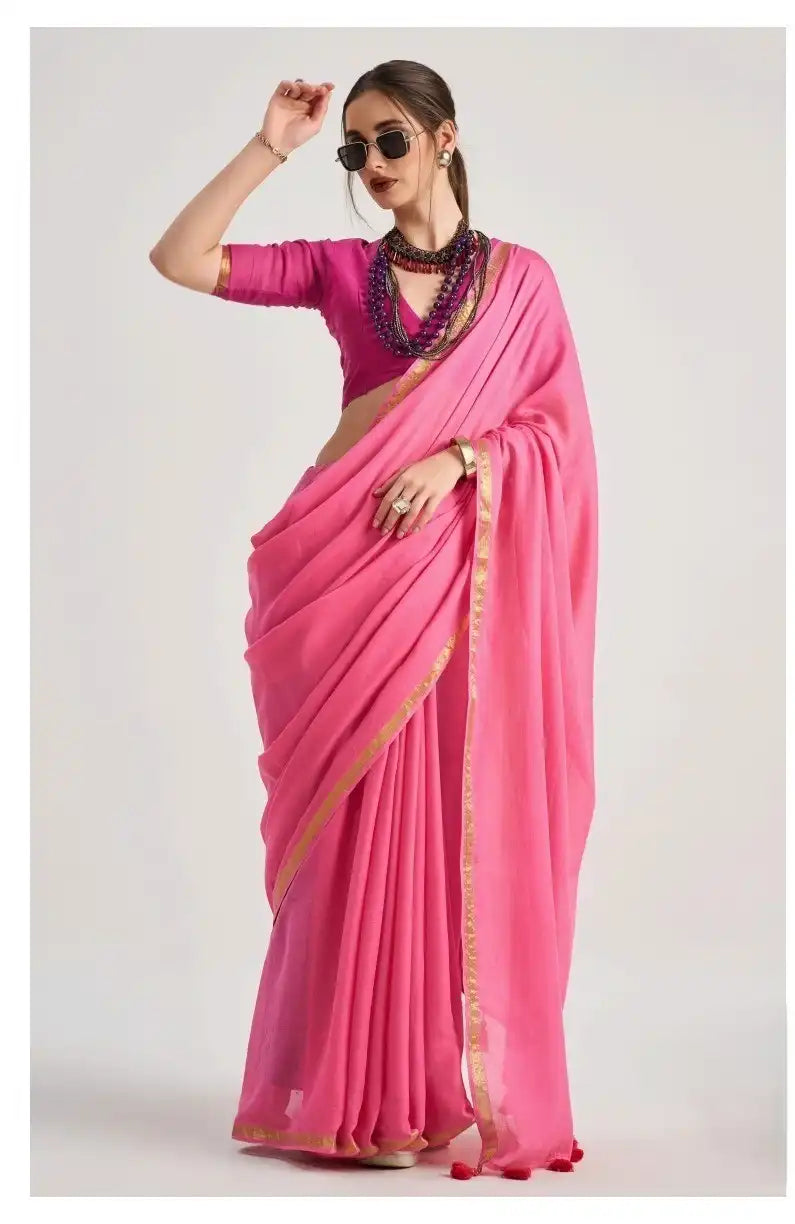 India Silk Pink Sarees Crafted From Soft Viscose Mul Fabric Offer A Perfect Blend Of Comfort And Elegance