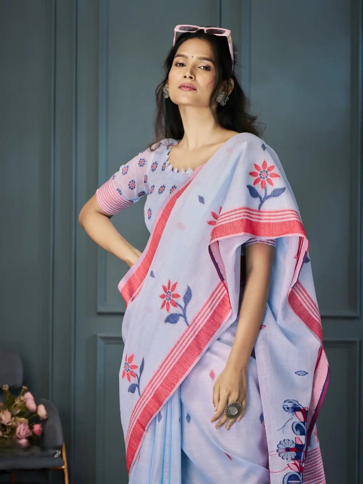 India Silk Sky Blue Sarees Crafted With Handloom Linen Showcase Beautiful Weaving That Highlights Traditional Artistry