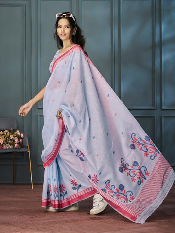 India Silk Sky Blue Sarees Crafted With Handloom Linen Showcase Beautiful Weaving That Highlights Traditional Artistry