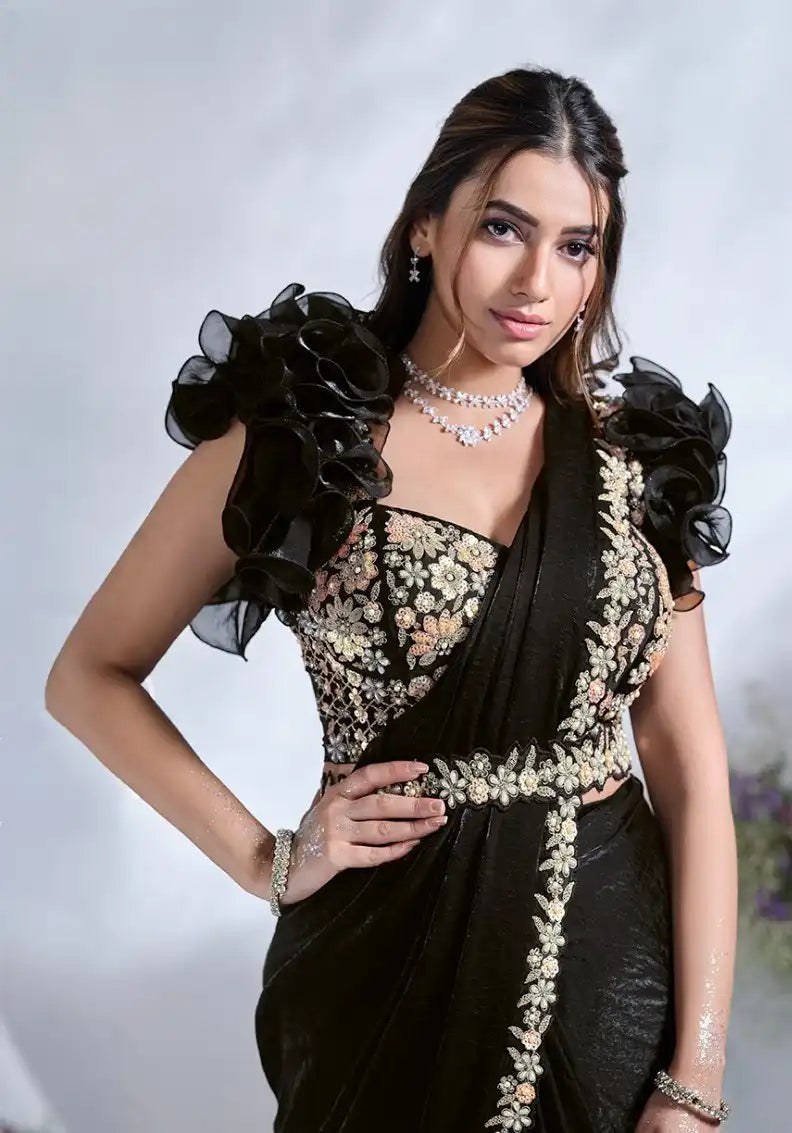 India Silk Black Sarees Made From Crepe Satin Silk Blend Traditional Craftsmanship With A Soft Elegant Texture