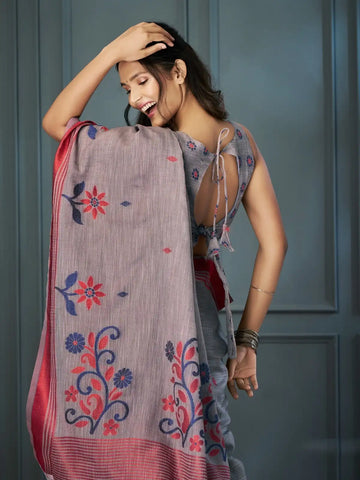 India Silk Grey Sarees Crafted With Handloom Linen Showcase Beautiful Weaving That Highlights Traditional Artistry