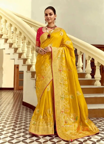 India Silk Yellow Presents A Pure Viscose Saree Featuring A Delicately Hand-Worked Body That Showcases Exquisite Craftsmanship