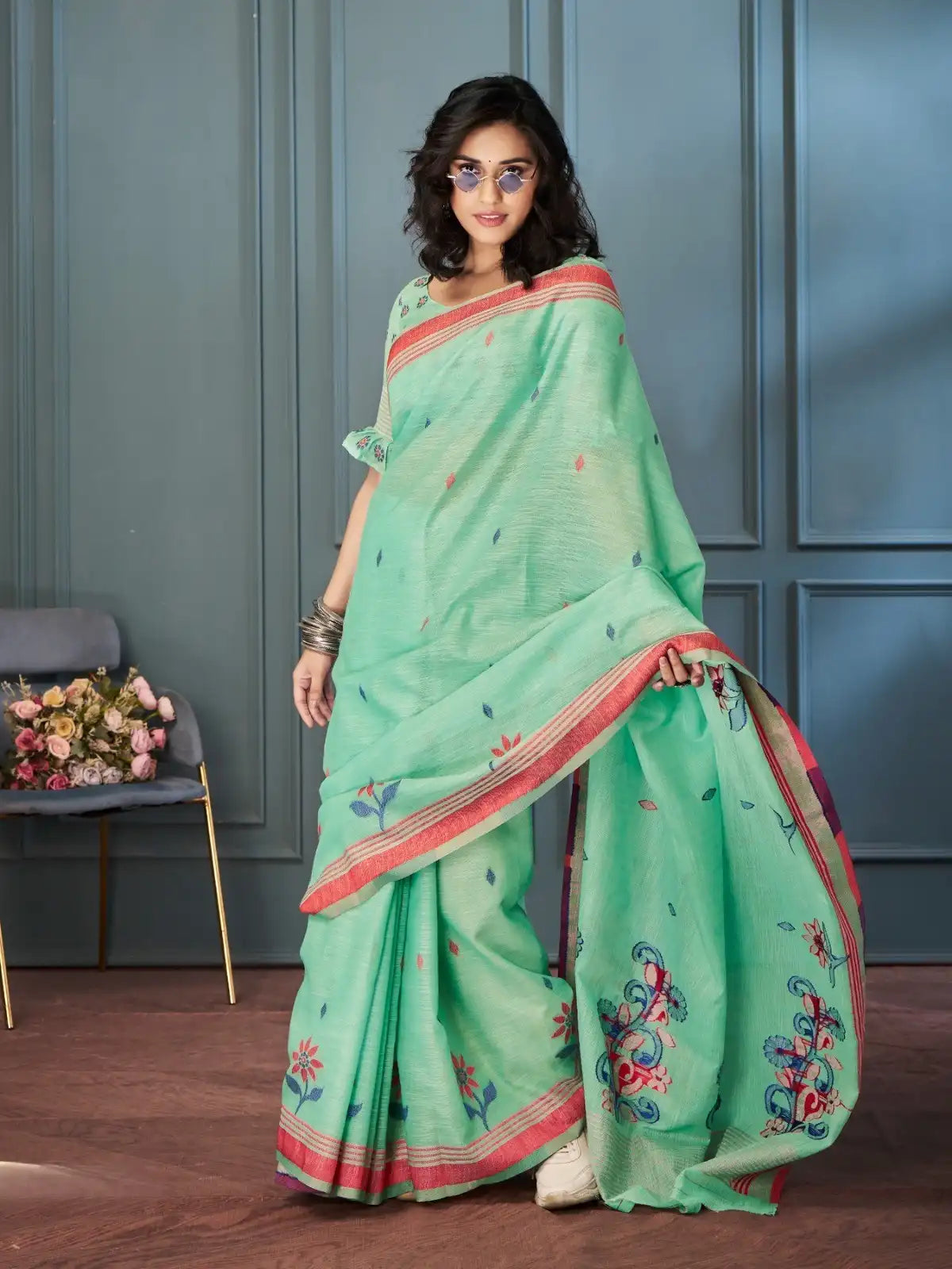 India Silk Light Green Sarees Crafted With Handloom Linen Showcase Beautiful Weaving That Highlights Traditional Artistry