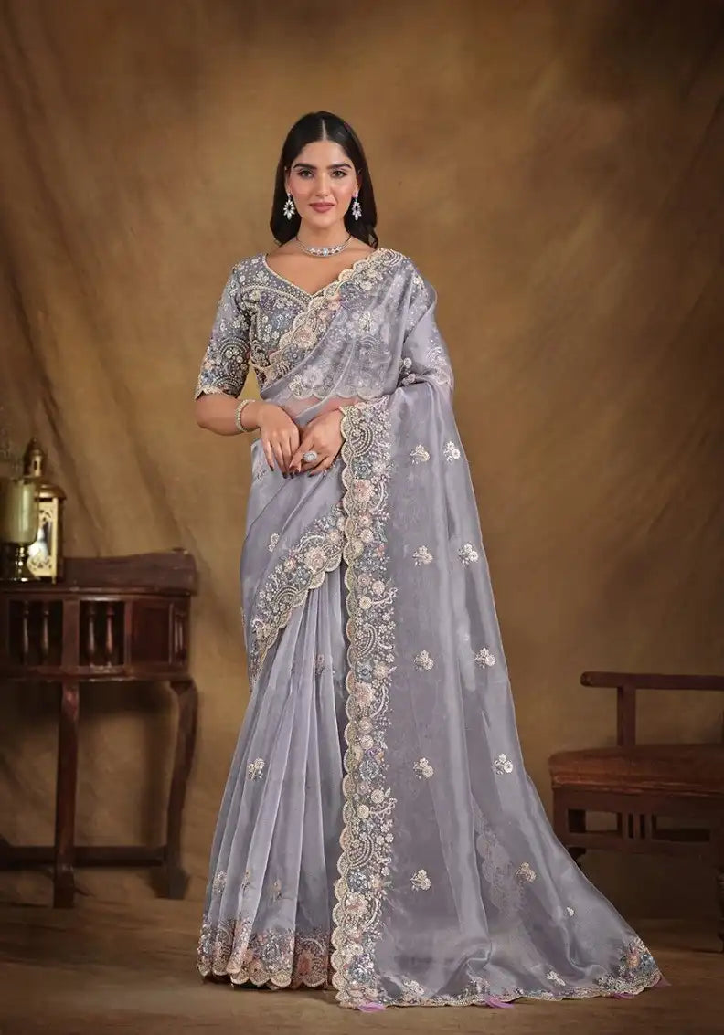 India Silk Grey Sarees Featuring A Blend Of Multiple Fabrics Offer A Perfect Balance Of Elegance