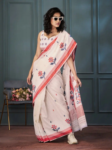 India Silk Off-White Sarees Crafted With Handloom Linen Showcase Beautiful Weaving That Highlights Traditional Artistry