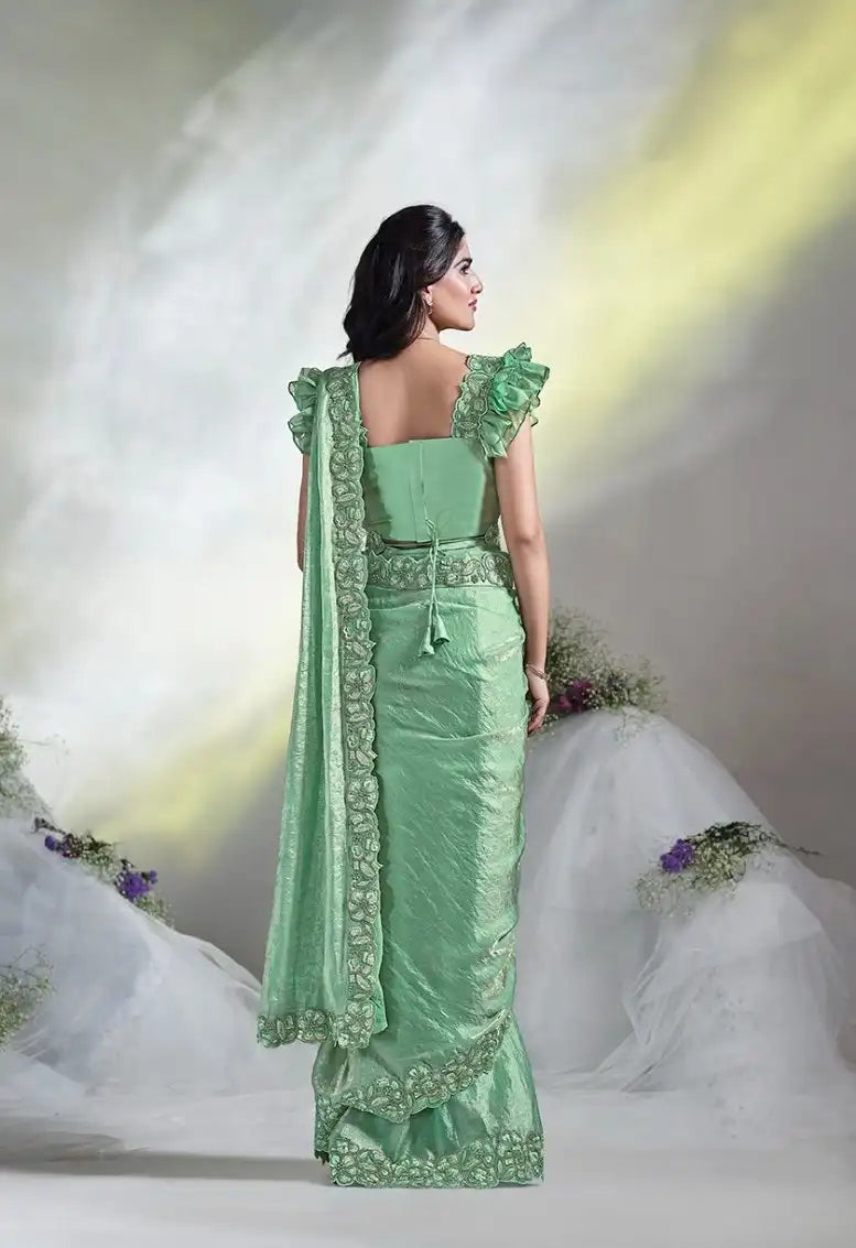 India Silk Mint Green Sarees Made From Crepe Satin Silk Blend Traditional Craftsmanship With A Soft Elegant Texture