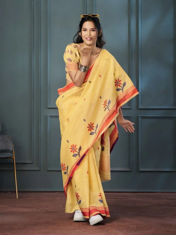 India Silk Yellow Sarees Crafted With Handloom Linen Showcase Beautiful Weaving That Highlights Traditional Artistry