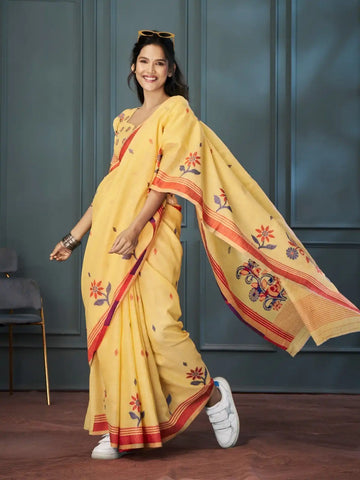 India Silk Yellow Sarees Crafted With Handloom Linen Showcase Beautiful Weaving That Highlights Traditional Artistry