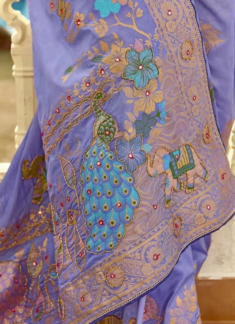 India Silk Lavender Presents A Pure Viscose Saree Featuring A Delicately Hand-Worked Body That Showcases Exquisite Craftsmanship