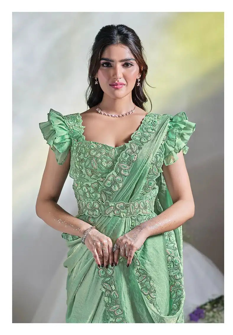 India Silk Mint Green Sarees Made From Crepe Satin Silk Blend Traditional Craftsmanship With A Soft Elegant Texture