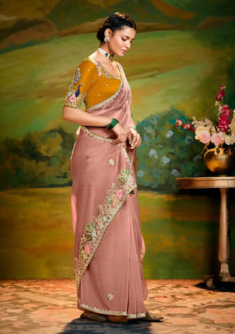 India Silk Light Pink Sarees Crafted From Delicate Tissue Organza Feature Beautiful Embroidery With Traditional Butti