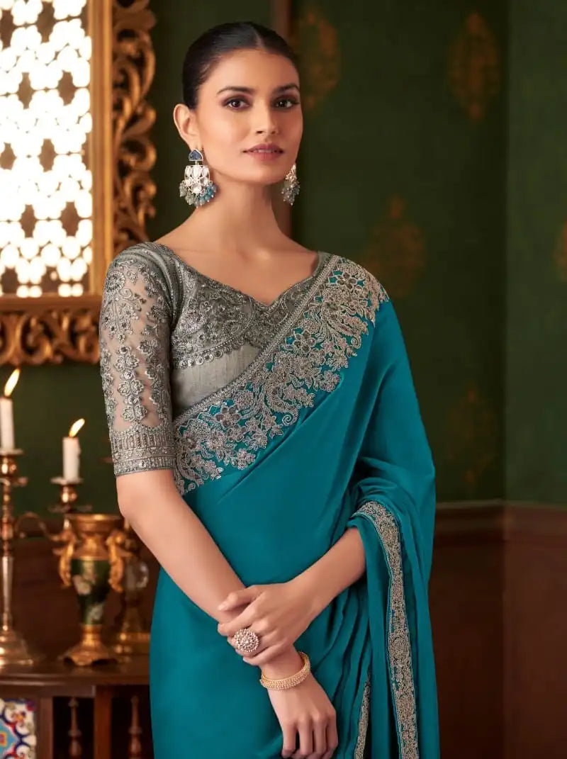 India Silk Blue Sarees Crafted From Soft Dola Viscose Silk Offer A Luxurious Feel And Graceful Drape